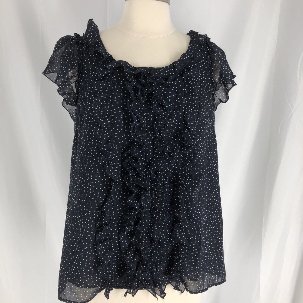 Ann Taylor Loft Navy Polka Dot Flutter Sleeve Ruffle Blouse Size Small